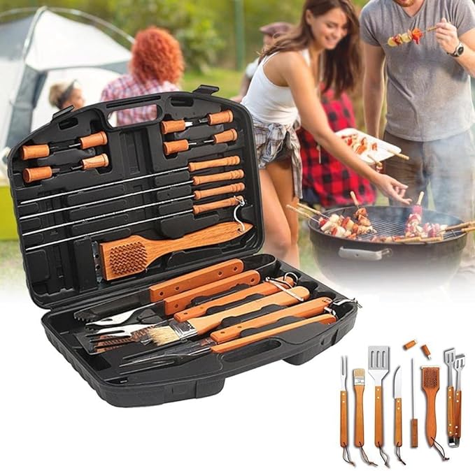 BBQ Wooden Handle Tools Set – Multi-Functional Barbecue Set for Skewering, Grilling, and Cleaning in UAE